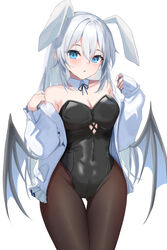  animal_ears armpit_crease ass_visible_through_thighs bare_shoulders black_leotard black_pantyhose blue_eyes blue_ribbon blush breasts cleavage collar collarbone commentary_request cowboy_shot demon_girl demon_wings double-parted_bangs expressionless eyelashes female groin hair_between_eyes highres hitachi_sou jacket leotard long_hair long_sleeves looking_at_viewer medium_breasts open_clothes open_jacket original paid_reward_available pantyhose parted_lips playboy_bunny rabbit_ears ribbon shiraga_(hitachi_sou) sidelocks simple_background solo standing thigh_gap thighs very_long_hair w_arms white_background white_collar white_hair white_jacket wings 