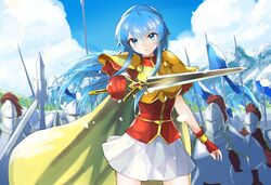  aqua_hair armor blue_eyes blue_sky breastplate eirika_(fire_emblem) female fingerless_gloves fire_emblem fire_emblem:_the_sacred_stones full_armor gloves helmet highres holding holding_sword holding_weapon knight kwz_ini long_hair outdoors plate_armor polearm red_gloves short_sleeves shoulder_armor skirt sky solo_focus spear sword weapon white_skirt 