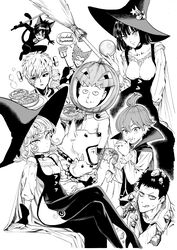  2girls 6+boys absurdres animal_ears bandages bankenman bare_shoulders bell black_sclera blunt_bangs blunt_ends breasts broom busaiku cape cat_boy cat_ears cat_tail choker cigarette coat collar collarbone colored_sclera commentary_request cosplay crystal_ball curly_hair doutei_(one-punch_man) eating food frankenstein&#039;s_monster frankenstein&#039;s_monster_(cosplay) fubuki_(one-punch_man) garou_(one-punch_man) genos greyscale halloween hat high_heels highres holding holding_food jack-o&#039;-lantern looking_at_viewer medium_breasts monochrome multiple_boys multiple_girls mummy murata_yuusuke neck_bell official_art one-punch_man onsoku_no_sonic pie polearm pumpkin saitama_(one-punch_man) short_hair siblings simple_background sisters sitting small_breasts smile speech_bubble spiked_collar spikes stitches tail tatsumaki thighhighs trench_coat trident weapon white_background witch_hat zombieman 