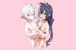  2girls animal_ears asanagi bikini black_hair blush catgirl flat_chest gray_hair green_eyes karyl kokkoro navel oerba_yun_fang pink pointed_ears princess_connect! purple_eyes short_hair swimsuit tail twintails 