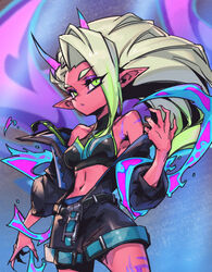  bare_shoulders belt black_belt black_jacket black_shorts closed_mouth colored_skin english_commentary expressionless female gradient_hair graffiti green_eyes green_hair horns jacket league_of_legends long_hair looking_ahead multicolored_hair navel official_alternate_costume official_alternate_hairstyle open_clothes open_jacket outdoors phantom_ix_row pointy_ears red_skin shorts solo stomach street_demon_zyra zyra 