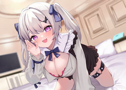  :d all_fours black_dress blue_bow blue_ribbon blurry blurry_background blush bow breasts cleavage commentary_request convenient_arm dress dutch_angle eyelashes eyes_visible_through_hair female frilled_sleeves frills hair_between_eyes hair_ornament hair_ribbon hand_up heart_o-ring hitachi_sou indoors large_breasts long_hair long_sleeves looking_at_viewer o-ring o-ring_thigh_strap oerba_yun_fang on_bed open_mouth original paid_reward_available purple_eyes ribbon short_dress sidelocks smile solo thigh_strap twintails whispering x_hair_ornament 