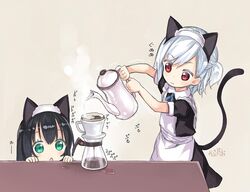  2girls animal_ears apron black_hair capriccio coffee fake_animal_ears green_eyes holding maid_apron maid_headdress multiple_girls open_mouth original red_eyes short_hair white_hair 