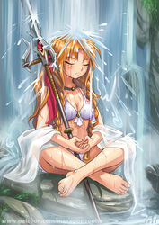  barefoot bikini braid breasts closed_eyes dhyana_mudra fantasy feet female foliage freckles gem hand_gesture holding holding_polearm holding_sword holding_weapon indian_style jewelry les_chevaucheurs maxa&#039; meditation mudra necklace orange_hair original patreon_username phenice_walholl polearm red_gemstone rock scar side_braids sitting small_breasts solo swimsuit sword toenails toes twin_braids water waterfall waterfall_shower weapon wet wet_clothes white_bikini 