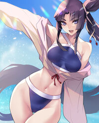  ban!_(bansankan) bare_shoulders bikini black_hair blue_bikini blue_eyes blue_sky blunt_bangs breasts collarbone cropped_jacket day fate/grand_order fate_(series) female groin hair_bun hair_ribbon highres hip_focus jacket jacket_over_swimsuit light_particles long_hair long_sleeves looking_at_viewer medium_breasts navel off_shoulder open_mouth parted_bangs ribbon side_ponytail single_hair_bun sky smile solo sunlight swimsuit thigh_gap thighs ushiwakamaru_(fate) ushiwakamaru_(swimsuit_assassin)_(fate) ushiwakamaru_(swimsuit_assassin)_(first_ascension)_(fate) very_long_hair yellow_jacket 