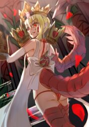  blonde_hair commentary_request crown dragon_tail elbow_gloves fate/grand_order fate/grand_order_arcade fate_(series) female gloves gold_crown grin hair_between_eyes highres inugami86 looking_at_viewer looking_back nero_claudius_(fate) panties petals pointed_crown queen_draco_(fate) queen_draco_(second_ascension)_(fate) red_eyes red_panties rose_petals smile solo tail underwear 