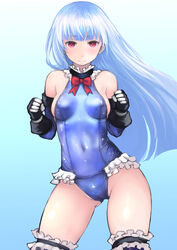  ass_visible_through_thighs blue_background blue_hair blue_one-piece_swimsuit breasts cameltoe clenched_hands commentary_request cosplay covered_navel dead_or_alive female frilled_one-piece_swimsuit frilled_thighhighs frills groin highres johan_(johan13) kula_diamond long_hair marie_rose marie_rose_(cosplay) marie_rose_(devilish_servant_against_the_splashing_waves) one-piece_swimsuit red_eyes revision sideboob simple_background solo swimsuit the_king_of_fighters thighhighs thighs 