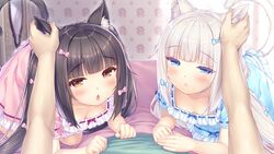  animal_ears bed bed_sheet bedroom blush bow cat_ears cat_tail chocola_(nekopara) ear_grab feline highres lying nekopara pajamas sayori_(neko_works) tail vanilla_(nekopara) 