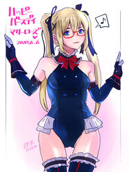  bespectacled black_gloves black_ribbon blonde_hair blue_one-piece_swimsuit blue_thighhighs breasts bridal_garter commentary_request dead_or_alive detached_collar detached_sleeves doorway female frilled_one-piece_swimsuit frills glasses gloves hair_ornament hair_ribbon looking_at_viewer marie_rose marie_rose_(devilish_servant_against_the_splashing_waves) musical_note one-piece_swimsuit petite red-framed_eyewear ribbon semi-rimless_eyewear small_breasts solo spoken_musical_note standing swimsuit thigh_gap thighhighs twintails under-rim_eyewear x_hair_ornament zero_hime 