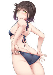  absurdres ass back bare_arms bare_legs bare_shoulders bikini bikini_pull black_bikini black_hair blush breasts brown_hair butt_crack clothes_pull cowboy_shot female fingernails from_behind hair_flaps halterneck hatsuzuki_(kancolle) highres kantai_collection kiritto looking_at_viewer looking_back short_hair simple_background small_breasts solo string_bikini swimsuit white_background yellow_eyes 