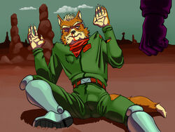  4:3 anthro biped black_eye_(injury) blood bodily_fluids brown_body bruised canid clothed clothing cloud countershade_hands countershading desert digital_media_(artwork) duo fist fox_mccloud fully_clothed green_clothing hi_res kerchief male mammal name_tag neckerchief nintendo nosebleed on_ground raised_hand sitting solo_focus star_fox uniform violence wolf_hierophant wounded 