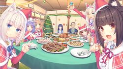  1boy 6+girls animal_ears azuki_(nekopara) bell cat_ears cat_tail character_request chocola_(nekopara) christmas christmas_ornaments cinnamon_(nekopara) coconut_(nekopara) dinner feast feline highres maple_(nekopara) multiple_girls nekopara sayori_(neko_works) source_request tail vanilla_(nekopara) 