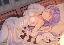  anthro azur_lane bow breasts dress long_hair purple_hair see_through sleeping thighhighs unicorn_(azur_lane) waifu2x wankoo-mikami 