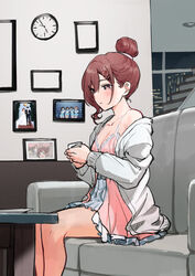  absurdres aged_up alternate_costume alternate_hairstyle blush breasts cardigan cleavage clock collarbone couch female hair_bun highres higuchi_madoka idolmaster idolmaster_shiny_colors indoors lingerie looking_afar mole mole_under_eye negligee nonbire on_couch photo_(object) picture_frame red_eyes red_hair single_bare_shoulder single_hair_bun sitting solo underwear wavy_hair wedding_photo white_cardigan 