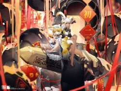  2girls absurdres animal_ear_fluff animal_ears arknights bad_id bad_pixiv_id bandaged_leg bandages bare_legs barefoot beeswax_(arknights) black_coat blonde_hair braid brown_hair character_name choker coat commentary_request dress firecrackers fireworks fox_ears fox_girl fox_tail goat_ears goat_horns green_eyes grey_hair hair_ornament highres holding holding_fireworks holding_lighter horns infection_monitor_(arknights) jewelry kitsune lantern lighter looking_at_viewer multicolored_hair multiple_girls necklace obelisk paper_lantern platinum_blonde_hair sidelocks sitting spread_legs suzuran_(arknights) tail toenails twin_braids white_dress white_hair yellow_eyes yushe_quetzalli 