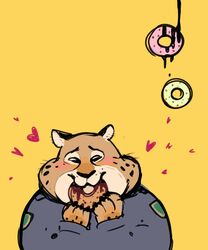  2016 anthro benjamin_clawhauser blush cheetah clothed clothing countershading disney felid feline fur heart_symbol mammal markings moxa simple_background solo spots spotted_body spotted_fur yellow_background zootopia 