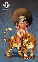  animal artist_name bell blue_eyes breasts brown_umbrella cleavage cleavage_cutout clothing_cutout copyright_name dress female fur-trimmed_sleeves fur_trim grey_hair hair_bell hair_between_eyes hair_ornament highres imari jingle_bell mabinogi medium_breasts nao_(mabinogi) oil-paper_umbrella orange_dress orange_footwear orange_wristband over_shoulder pelvic_curtain riding riding_animal riding_tiger shadow shoes short_sleeves side_slit solo tiger twintails umbrella wristband 