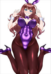  animal_ears assault_lily bare_shoulders blue_eyes bow bowtie breasts breasts_apart brown_hair brown_pantyhose commentary_request covered_navel detached_collar fake_animal_ears female fingernails grin groin hairband hands_up high_heels highleg highleg_leotard highres kaede_johan_nouvel knees_out_of_frame large_breasts leotard long_hair looking_at_viewer pantyhose parted_lips playboy_bunny pumps purple_bow purple_bowtie purple_footwear purple_leotard rabbit rabbit_ears shiromitsu_suzaku sidelocks simple_background sitting smile solo strapless strapless_leotard very_long_hair wariza wavy_hair white_background white_hairband wrist_cuffs 