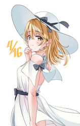  absurdres black_bow black_ribbon blonde_hair blush bow closed_mouth clothing_cutout commentary cowboy_shot dated dated_commentary dress female floating_hair hair_between_eyes hat hat_ribbon highres isshiki_iroha long_hair nonbire ribbon short_dress shoulder_blades shoulder_cutout simple_background sleeveless sleeveless_dress smile solo standing sun_hat white_background white_dress white_hat yahari_ore_no_seishun_lovecome_wa_machigatteiru. yellow_eyes 