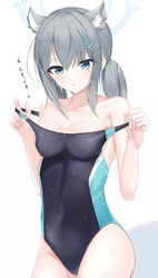  animal_ear_fluff animal_ears bare_shoulders black_one-piece_swimsuit blue_archive blue_eyes blue_halo blush breasts bright_pupils cleavage clothes_pull collarbone commentary_request competition_swimsuit cowboy_shot cross_hair_ornament earrings eyelashes female grey_hair groin hair_between_eyes hair_ornament halo hands_up highres jewelry looking_down low_ponytail maddo_(gasser_0518) medium_breasts medium_hair mismatched_pupils one-piece_swimsuit one-piece_swimsuit_pull open_mouth pulling_own_clothes shiny_skin shiroko_(blue_archive) shiroko_(swimsuit)_(blue_archive) simple_background solo standing stud_earrings swimsuit water wet wet_clothes wet_jacket wet_swimsuit white_background white_pupils wolf_ears wolf_girl 