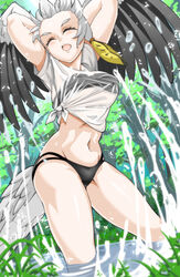  arms_behind_head arms_up bad_id bad_pixiv_id bare_arms bikini bikini_under_clothes bird_girl bird_tail bird_wings black_bikini black_hair blonde_hair blurry blurry_foreground closed_eyes day dutch_angle feathered_wings feet_out_of_frame female grass grey_hair head_wings highres kemono_friends long_hair midriff multicolored_hair navel open_mouth outdoors saijou_k see-through shirt shoebill_(kemono_friends) short_sleeves solo splashing spread_wings standing stomach strapless strapless_bikini swimsuit tail tied_shirt wading water wet wet_clothes wet_shirt white_shirt wings 