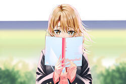  black_jacket blazer blonde_hair blurry blurry_background blush cardigan day female floating_hair hair_between_eyes highres holding isshiki_iroha jacket long_hair long_sleeves looking_at_viewer nonbire open_clothes open_jacket outdoors pink_cardigan sleeves_past_wrists solo upper_body yahari_ore_no_seishun_lovecome_wa_machigatteiru. yellow_eyes 