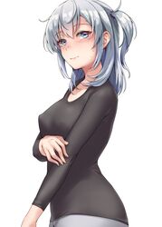  absurdres black_sweater blue_eyes blush breasts casual closed_mouth collarbone covered_nipples female grey_hair grey_pants highres kantai_collection kiritto looking_at_viewer medium_breasts medium_hair pants side_ponytail simple_background solo suzutsuki_(kancolle) sweater white_background 