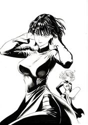  2girls absurdres blunt_bangs blunt_ends breasts commentary_request curly_hair dress earrings fubuki_(one-punch_man) greyscale hair_between_eyes highres holding jewelry large_breasts looking_at_viewer monochrome multiple_girls murata_yuusuke official_art one-punch_man short_hair siblings simple_background sisters small_breasts tatsumaki vietnamese_dress white_background 