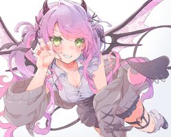  :d bad_id bad_pixiv_id bat_wings black_horns black_tail blush demon_girl demon_horns demon_tail demon_wings female green_eyes grin hair_ornament highres hololive horns jirai_kei long_hair looking_at_viewer loose_socks nekonika_(e102k) piercing skirt smile socks solo tail tail_ornament tail_piercing tokoyami_towa tokoyami_towa_(jirai_kei) virtual_youtuber white_socks wings 