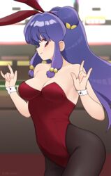  \m/ animal_ears black_pantyhose breasts casino double_\m/ double_bun fake_animal_ears female hair_bun highleg highleg_leotard highres jampen leotard long_hair looking_at_viewer medium_breasts pantyhose playboy_bunny purple_hair rabbit_ears ranma_1/2 red_eyes red_leotard shampoo_(ranma_1/2) white_wrist_cuffs wrist_cuffs 