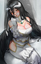  absurdres albedo_(overlord) arm_support bare_shoulders black_hair black_wings blush breasts cleavage dress feathered_wings female hair_between_eyes highres horns large_breasts long_hair maoer_(sam51417) overlord_(maruyama) red_lips shiny_skin sitting slit_pupils solo white_dress wings yellow_eyes 