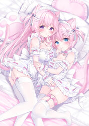  2girls :3 :o animal_ears apron arched_back arm_grab ass blue_bow blue_eyes blush bow breasts cat_ears choker cleavage crossed_bangs dress frills garter_straps hair_between_eyes hair_ornament hairbow hairpin hand_on_another&#039;s_crotch heart heart_o-ring highres legwear_garter long_hair looking_at_viewer maid maid_apron maid_headdress medium_breasts momochi_chia multiple_girls o-ring o-ring_thigh_strap on_bed one_side_up original panties pastel_colors pillow pink_bow pink_choker pink_hair sash short_hair single_legwear_garter skindentation taut_clothes taut_dress thigh_strap thighhighs underwear upskirt white_bow white_dress white_panties white_sash white_thighhighs wrist_cuffs 