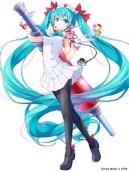  blue_eyes blue_hair bow bowtie breasts commentary_request cross female footwear_bow full_body gloves hair_between_eyes hairbow hatsune_miku heart highres holding long_hair looking_at_viewer matsuuni nurse oversized_object pantyhose red_cross shoes simple_background skirt small_breasts smile solo standing syringe twintails very_long_hair vocaloid watermark white_background wrist_cuffs 