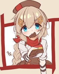  absurdres arm_warmers bad_id bad_pixiv_id beret blue_eyes blush braid brown_background brown_hat brown_skirt candy chocolate chocolate_bar closed_mouth commentary_request dated female fnc_(girls&#039;_frontline) food food_in_mouth girls&#039;_frontline hair_between_eyes hair_ornament hat highres holding holding_food long_hair looking_at_viewer matsuo_(matuonoie) mouth_hold shirt short_sleeves single_braid skirt solo striped very_long_hair white_shirt 