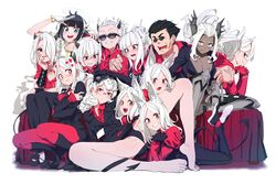  1boy 6+girls :d absurdres animal_ears apron arm_garter arm_up azazel_(helltaker) bandaid bare_legs barefoot beelzebub_(helltaker) black-framed_eyewear black_hair black_horns black_panties black_suit black_tail black_vest blue_eyes blush boots breasts cerberus_(helltaker) cigarette closed_eyes closed_mouth clothes_writing commentary cross cross_necklace dark-skinned_female dark_skin demon_girl demon_tail dog_ears dog_girl everyone feet formal glasses gloves grin hair_between_eyes hair_over_one_eye halo harem heart heart-shaped_pupils helltaker helltaker_(character) highres horns hug hug_from_behind jacket jewelry judgement_(helltaker) justice_(helltaker) long_hair long_sleeves looking_at_another looking_at_viewer lucifer_(helltaker) lying malina_(helltaker) modeus_(helltaker) mole mole_under_eye multiple_girls multiple_persona necklace necktie oerba_yun_fang on_stomach one_eye_closed open_mouth pandemonica_(helltaker) panties pantyhose ponytail red_eyes red_shirt shinomu_(cinomoon) shirt short_hair simple_background sitting smile sparkle spread_legs straight suit sunglasses sweatdrop symbol-shaped_pupils tail triplets underwear vest waistcoat white_background white_hair white_horns zdrada_(helltaker) 