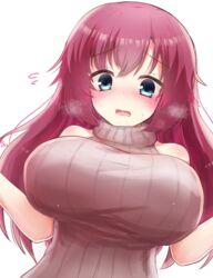  aqua_eyes bare_shoulders blush breasts brown_sweater commentary_request crossed_bangs exhausted eyes_visible_through_hair female flying_sweatdrops hair_between_eyes hair_spread_out hakutocake heavy_breathing highres large_breasts long_hair looking_down maniwa_roka nose_blush open_mouth red_hair ribbed_sweater senren_banka sidelocks signature simple_background sleeveless sleeveless_sweater solo straight-on sweat sweater upper_body w_arms white_background 