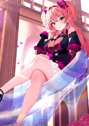  bare_shoulders black_footwear blush breasts closed_mouth commentary crossed_legs earrings female frills gem glass_slipper hair_between_eyes hair_intakes hair_ribbon hand_on_own_cheek hand_on_own_face hand_up highres idolmaster idolmaster_cinderella_girls jewelry jougasaki_mika large_breasts long_hair looking_at_viewer oversized_object pink_hair ribbon sitting solo sutoroa thighs two_side_up yellow_eyes 