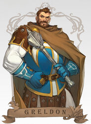  1boy armor beard belt blue_gloves breastplate brooch brown_hair cape character_name cleric commentary dungeons_&amp;_dragons dungeons_&amp;_dragons:_shadow_over_mystara english_commentary facial_hair faulds gloves greldon hand_on_belt highres holding holding_weapon jewelry leather_armor mace male_focus morry muscular muscular_male short_hair solo studded weapon 