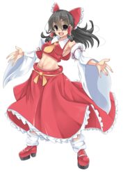  :d black_eyes black_hair bow breasts commentary_request cookie_(touhou) crop_top detached_sleeves empty_eyes female frilled_bow frilled_hair_tubes frilled_skirt frills full_body hair_between_eyes hair_tubes hairbow hakurei_reimu highres hyper_muteki_(ningen_no_kuzu) long_hair long_skirt looking_at_viewer medium_breasts midriff navel necktie noel_(cookie) open_mouth outstretched_arms platform_footwear red_bow red_footwear red_shirt red_skirt shirt shoes sideboob simple_background skirt sleeveless sleeveless_shirt smile socks solo standing touhou transparent_background white_sleeves white_socks yellow_necktie 