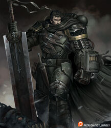  1boy adeptus_astartes after_battle arm_cannon armor berserk berserker_armor black_cape black_hair blood blood_on_weapon cape commentary crossover dagger dragonslayer_(sword) english_commentary guts_(berserk) huge_weapon knife male_focus orc ork_(warhammer) pauldrons planted planted_sword power_armor scar scar_on_face scar_on_nose sgt_lonely shoulder_armor solo standing sword warhammer_40k watermark weapon 