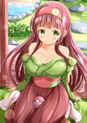  bare_shoulders blush breasts brown_hair brown_hakama cleavage closed_mouth collarbone commentary_request cosplay day erika_(pokemon) erika_(pokemon)_(cosplay) female gochuumon_wa_usagi_desu_ka? green_eyes green_kimono hairband hakama hakama_skirt highres indoors japanese_clothes kimono large_breasts long_hair no_shoes off_shoulder petals poke_ball poke_ball_(basic) pokemon pokemon_lgpe pond red_hairband reflection ripples skirt smile socks solo ujimatsu_chiya very_long_hair water white_socks xenon_(for_achieve) 