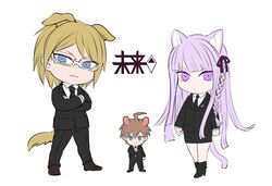  2boys ahoge animal_ears bad_id bad_twitter_id black_jacket black_necktie black_pants black_skirt braid brown_eyes brown_footwear cat_ears cat_girl cat_tail collared_shirt danganronpa_(series) danganronpa_3_(anime) dog_boy dog_ears dog_tail female full_body glasses hair_ribbon height_difference highres jacket kirigiri_kyoko kuangtai_(amami_ryoko) long_hair looking_at_viewer mouse_boy mouse_ears multiple_boys naegi_makoto necktie pants pink_hair purple_ribbon ribbon semi-rimless_eyewear shirt short_hair side_braid skirt smile standing tail togami_byakuya 