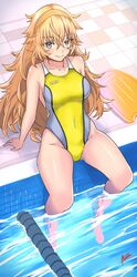  aiuti barefoot blonde_hair breasts closed_mouth collarbone commentary competition_swimsuit covered_navel crossed_bangs female full_body girls&#039;_frontline green_eyes hair_between_eyes hairband highleg highleg_swimsuit highres kickboard long_hair medium_breasts messy_hair one-piece_swimsuit pool poolside s.a.t.8_(girls&#039;_frontline) sitting smile soaking_feet solo swimsuit tile_floor tiles two-tone_swimsuit yellow_hairband yellow_one-piece_swimsuit 