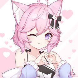  :3 ahoge alternate_hairstyle animal_ears bad_id bad_twitter_id bare_shoulders black_footwear bow breasts cat_ears cat_girl cat_hair_ornament collarbone dated eyepatch female hair_between_eyes hair_ornament hairbow heart heart_background heart_eyepatch heart_hands highres hood hoodie light_blush looking_at_viewer medium_hair nyatasha_nyanners nyatasha_nyanners_(1st_costume) off_shoulder one_eye_closed pink_background pink_hair poinia purple_eyes signature small_breasts smile solo two-tone_background upper_body virtual_youtuber vshojo white_background 