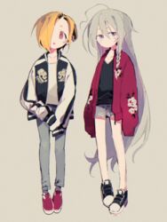  2girls :d ahoge arms_at_sides bare_legs black_footwear black_shirt blonde_hair braid chromatic_aberration closed_mouth collarbone denim denim_shorts dot_mouth ear_piercing expressionless floral_print full_body grey_hair grey_pants grey_shorts hair_between_eyes hair_over_one_eye hair_over_shoulder higa423 hoshi_syoko idolmaster idolmaster_cinderella_girls jacket jeans knees_apart_feet_together long_hair long_sleeves looking_at_viewer looking_to_the_side multiple_girls no_nose no_socks open_clothes open_jacket pants parted_bangs parted_lips piercing print_jacket purple_eyes purple_footwear purple_jacket red_eyes shirasaka_koume shirt shoes short_eyebrows short_hair shorts side_braid single_braid skull_print sleeve_cuffs sleeves_past_fingers sleeves_past_wrists slim_legs smile sneakers standing straight-on tareme two-tone_footwear very_long_hair white_shirt 