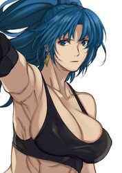  armpits bare_shoulders black_gloves blue_eyes blue_hair breasts cleavage covered_nipples earrings female gloves jewelry large_breasts leona_heidern muscular muscular_female ponytail serious solo tank_top the_king_of_fighters the_king_of_fighters_xiii white_background yasunososaku 