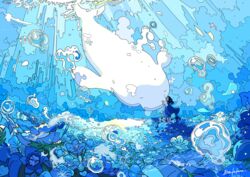  absurdres animal beluga_whale blue_dress blue_theme bubble dress female field flower flower_field highres ligne_claire nara_lalana ocean original scenery surreal underwater whale 