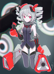  absurdres bare_shoulders black_gloves black_leotard black_thighhighs breasts bronya_zaychik bronya_zaychik_(black_nucleus) closed_mouth cropped_legs drill_hair elbow_gloves error1980 female gloves glowing grey_background grey_hair hair_ornament highres honkai_(series) honkai_impact_3rd leotard looking_at_viewer project_bunny red_eyes small_breasts thighhighs twin_drills 