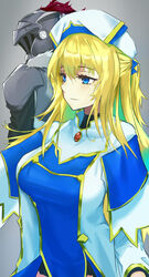  1boy aged_up blonde_hair blue_eyes breasts closed_mouth commentary_request dress female goblin_slayer goblin_slayer! grey_background helmet highres light_blush light_smile long_hair long_sleeves looking_away lzayui_sabeth medium_breasts priest priestess_(goblin_slayer!) simple_background standing two-tone_dress upper_body visor_(armor) white_dress white_headwear 