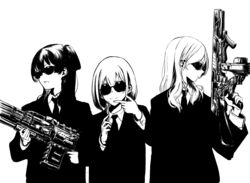  3girls bad_id bad_pixiv_id formal greyscale gun highres humanplushq idolmaster idolmaster_shiny_colors izumi_mei long_sleeves looking_at_viewer looking_away mayuzumi_fuyuko men_in_black monochrome multiple_girls necktie neuralyzer parody pointing rifle serizawa_asahi smile straylight_(idolmaster) suit sunglasses upper_body weapon 